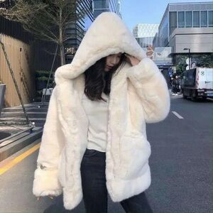 Oversized Fluffy White Fur Hooded Jacket